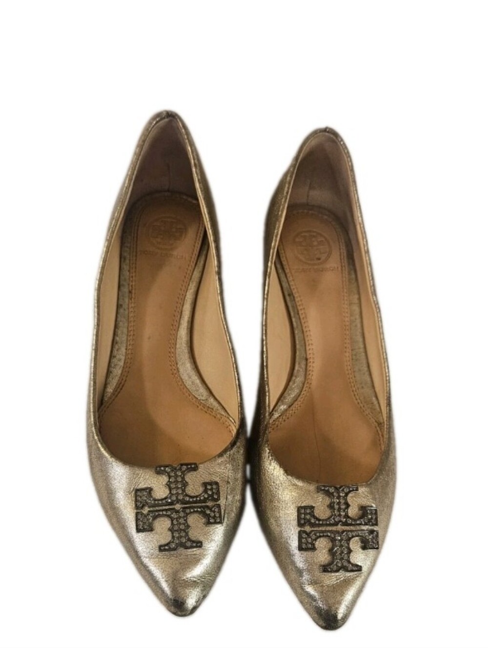 Tory Burch Metallic Leather Pointed Toe Flats w Crystal T Cross Logo Wmn Size 7